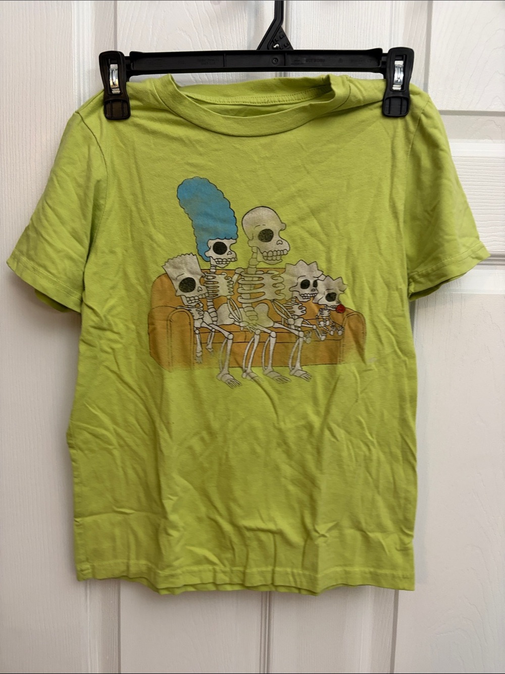 Kids Lime Green Short Sleeve Tee with Cartoon Skeleton Family Graphic